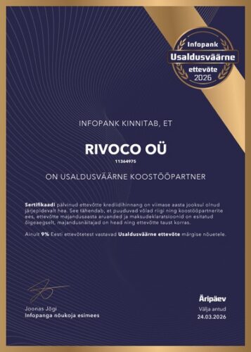 RIVOCO OÜ pälvis Usaldusväärne Ettevõte 2026 märgise